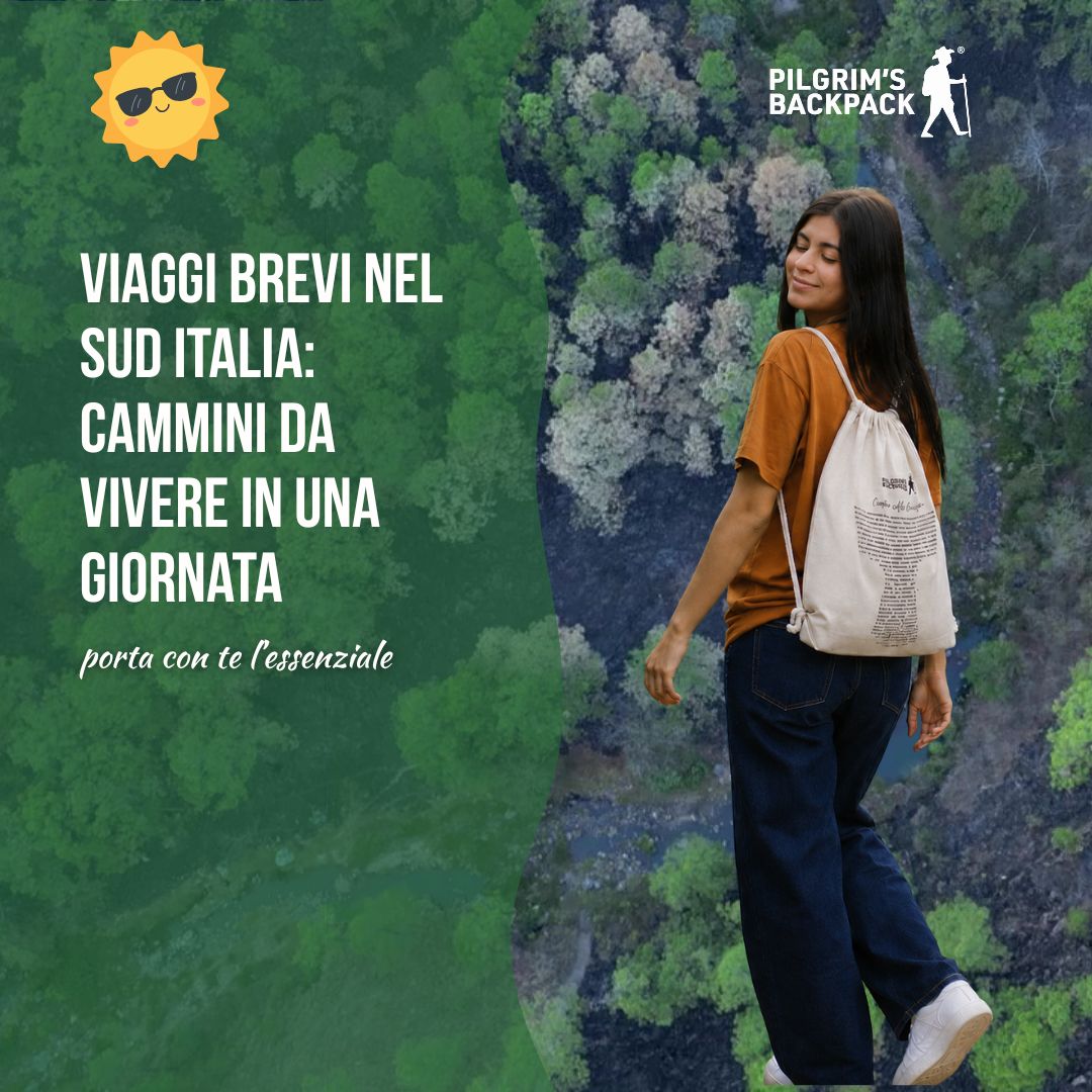 Escursionista con zaino Pilgrim's cammina lungo un sentiero panoramico del Sud Italia con vista sul mare