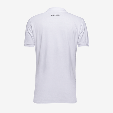White short sleeved polo shirt with Jubilee 2025 logo