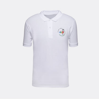 White short sleeved polo shirt with Jubilee 2025 logo